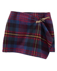 Rendered in soft cotton, a pretty wrap skirt exudes outdoorsy charm with a plaid pattern and wooden toggle closure.