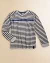 Whether on the playground or relaxing at home, he'll be comfortable in this striped long-sleeve tee made of pure cotton. Ribbed v-neckLong sleeves with ribbed cuffsCottonMachine washImported