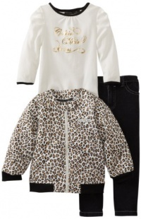 Calvin Klein Girls 2-6X Print Jacket With Tee And Black Jean, Animal, 3T