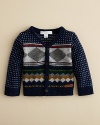 We love the warm combination of diamonds, stripes and dot patterns on this soft lambswool sweater from Burberry.