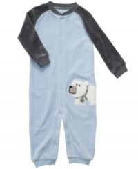 Getting baby dressed is a snap in this super soft polar bear print microfleece jump suit from Carter's.