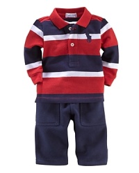 A preppy set features a striped polo and a comfortable fleece pant for sporty style.