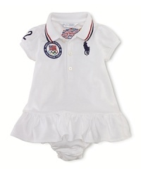 A preppy puff-sleeved polo dress in breathable stretch cotton mesh is accented with London embroidery to celebrate Team USA's participation in the 2012 Olympics.