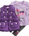 Give your sweet gal a little glam with this dolled up shirt, legging and vest set from Kids Headquarters.