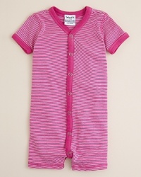 Absolutely adorable, totally comfortable, this striped shortall brings a heritage charm to your little gal's first wardrobe.