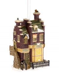 Bah! Humbug! This brilliantly crafted porcelain ornament displays Ebeneezer Scrooge's counting house, invoking the spirit of change and generosity during the Christmas season. Intricately painted to mirror Dickens' beautiful settings from A Christmas Carol.