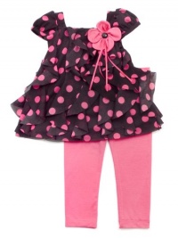 Rare Editions Baby-girls Newborn Dot Mesh Ruffle Legging Set, Black/Fuchsia, 6 Months