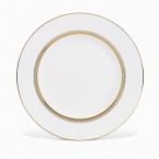 Rings of gold adorn fine white bone china with the lustrous shine of a wedding band. White bone china features two different border trims of gold, a wide corded border of textured grosgrain ribbon on some pieces, a narrow edge on others.