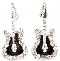 Trendy Small Crystal Embellished with Black Enamel 3/4 Long Rocker Guitar Stud Earrings - Silver Plated