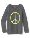 Crafted in luxe cashmere, Aqua's muted intarsia pullover contrasts with a neon peace sign emblazoned across the chest.