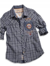 GUESS Kids Boys Big Boy Roll-Up Sleeve Mulberry Plaid Sh, PLAID (12/14)