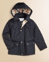 Keep him snug and dapper in this classic, check-lined, quilted coat with removable hood and lots of pockets.Zip-off hoodStand collarLong sleevesSnap front and zip closureTwo front-snap pockets; two slash pockets Fully linedPolyamideDry cleanImported Please note: Number of snaps may vary depending on size ordered. 