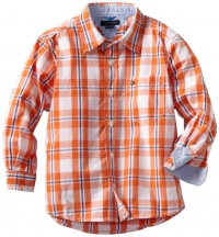 Tommy Hilfiger Boys 2-7 Long Sleeve Gavin Plaid Button Down, Cheeto Orange, 5 Regular