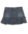 Dainty denim. Adorable ruffles accent no-nonsense denim, making this skirt from BCX the perfect complement to her cute looks.