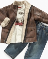 Put your little one in the spotlight with this cute fleece-lined jacket, graphic tee and denim set from Kenneth Cole.