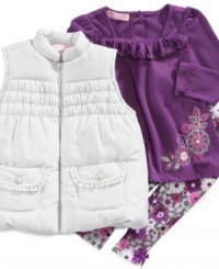 Bring a little spring to her cool-weather wear with this fun, floral shirt, legging and vest set from Kids Headquarters.