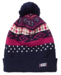 Cute traditional plaid accents this cuffed pom pom beanie from Levi's, perfect for keeping little ears toasty.