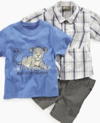 King of casual style. Start training him for his leading role with this ferociously cute t-shirt, plaid shirt and short 3-piece set from Nannette.