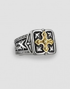 Handsome 18k gold cross accent on Sparta-engraved sterling silver. About ¾ X ¾ Made in USA