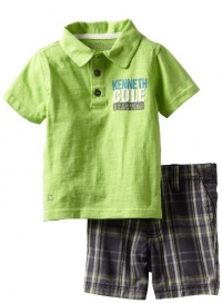 Kenneth Cole Baby-boys Infant Polo Shirt with Plaided Shorts, Green, 12 Months