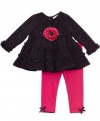 Rare Editions Baby-Girls Infant Sparkle Sweater Knit Pant Set, Black/Fuchsia, 12 Months