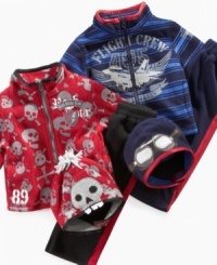 They can play in the cold and the snow wrapped up in one of these polar fleece jacket, pants and hat sets from Nannette.