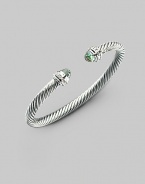 From the Silver Ice Collection. A signature cable of sterling silver, capped with soft green prasiolite, banded with pavé diamonds. Diamonds, 0.2 tcw Sterling silver Cable, 5mm Diameter, about 2¼ Made in USA