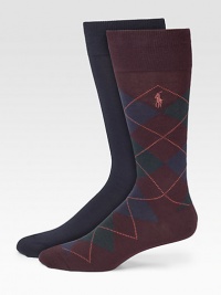 A distinguished set of solid and classic argyle patterned socks finished with embroidered signature polo detail.Pack of 2Mid-calf heightCotton/polyester/nylon/rubber/spandexMachine washImported