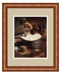 A young boy taking a wash tub bubble bath evokes the innocence and beauty of childhood. Elegantly framed in rich Canadian walnut, Saturday Night is an irresistible charmer for the bath or powder room. By painter Jim Daly.