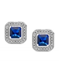 Dazzling stud earrings by CRISLU. With micropave, clear cubic zirconia accents surrounding a square-cut, sapphire-colored cubic zirconia (2-1/6 ct. t.w.). Set in sterling silver with a platinum finish. Approximate diameter: 9/25 inch.