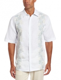 Cubavera Men's Short Sleeve Linen Rayon Yarndyed Stripe Print and Embroidered Panel Shirt