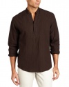 Cubavera Men's Long Sleeve Banded Collar Popover With Embroidery Detail