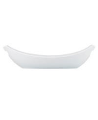 Feature modern elegance on your menu with the Classic Fjord oval serving dishes from Dansk dinnerware. The dishes serve up glossy white porcelain with a fluid, sloping edge that prevents spills and keeps tables looking totally fresh.