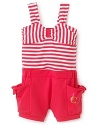 This swimsuit-inspired romper features a faux bandeau top with bold stripes and solid bottoms with side pockets.