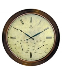 Learn the time, temperature and humidity index with this informative wall clock. Made of metal and designed to withstand most elements of weather, this antique-finished timepiece makes a smart, stylish addition to the inside or outside of your home.