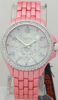 Geneva Quartz Chronograph-style Look Mother of Pearl Dail RhineStone on Bezel Pink Metal Band