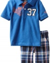 Izod Kids Boys 2-7 Short Sleeve Polo Shirt and Plaid Short, Medium Blue, 6 Regular