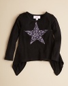 This fab tunic flows beautifully from neck to arc-hem, catching the eye with a multicolor rhinestone star at the chest.