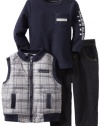 Calvin Klein Baby-boys Infant Plaided Vest With Long Sleeve Tee And Jean, Navy, 12 Months