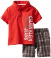 Calvin Klein Baby-boys Infant Polo Shirt With Plaided Shorts, Red, 18 Months