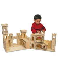 With a dungeon and a working drawbridge, this wooden play castle is fully assembled and ready for adventures! Features towers, balconies, a trap door, arched walkway and a removable turret. Castle is hinged for easy, wide-open, imaginative play and closes conveniently for compact storage.