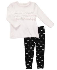 She'll be sweet in this ivory ruffle top and printed velour legging from Carter's.