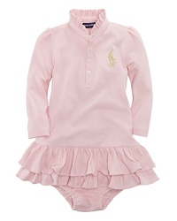 An adorable puff-sleeved polo dress is accented by our gold embroidered Big Pony.