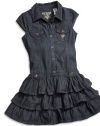 GUESS Kids Girls Big Girl Denim Flounce Dress, DARK STONE WASH (14)