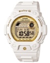 Crown a new timepiece champion with this BLX series Baby-G watch. Crafted of white resin strap and round case with golden accents. Shock-resistant gold tone positive digital display dial features tide graph, EL backlight with afterglow, day and date feature, world time, 2 multifunction alarms, snooze, 1/100 second stopwatch, countdown timer, 12/24 hour formats, full automatic calendar and mute function. Quartz movement. Water resistant to 200 meters. One-year limited warranty.