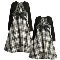 Size-6 BNJ-6053B 2-Piece BLACK/WHITE V-Pleat Bodice Bow Front Plaid Dress and Ruffle Shrug/Sweater Set,Bonnie Jean B36053 LITTLE GIRLS