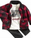 Cute and cozy, this Kids Headquarters set feature plaid jacket, denim pants, and helicopter graphic tee that your little man is sure to love.