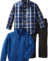 Izod Kids Boys 2-7 Zip Solid Sweater Plaid Shirt and Jean 3 Piece Set, Medium Blue, 5 Regular