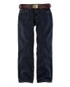 Slim-fitting jean rendered in a rugged dark wash with authentic denim detailing.