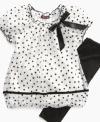 Charming dot bubble tunic accented with bow plus solid leggings set by Tempted.